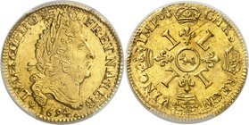 Royaume de France
Louis XIV, 1643-1715. 
Louis d'or du Béarn aux quatre L 1694, Pau. Tête laurée à droite. Date au-dessous / Croix formée de quatre ...