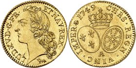 Royaume de France
Louis XV, 1715-1774. 
Louis d'or au bandeau 1749 A,Paris. Buste coiffé d'un bandeau à gauche / Ecus ovales de France et de Navarre...