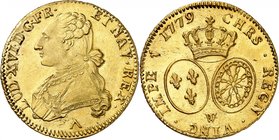 Royaume de France
Louis XVI, 1774-1793.
Double Louis d'or 1779 W,Lille.Buste habillé, les cheveux noués par un ruban, à gauche / Ecus ovales de Fran...