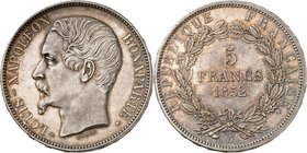Epoque contemporaine
Deuxième République, 1848-1852. 
5 Francs 1852 A, Paris. Tête de Louis-Napoléon à gauche. Nom du graveur au-dessous / Valeur et...