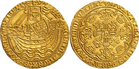 Henri VI, premier règne, 1422-1461. 
Noble non daté (1422-1430), Londres. Le roi debout de face, à mi-corps dans une nef voguant à droite / Croix feu...