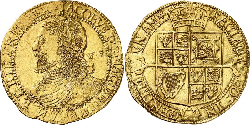Jacques I, 1603-1625.
Laurel ou 20 Shillings ND (1619-1625, Londres. Buste laur...