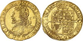 Jacques I, 1603-1625.
Laurel ou 20 Shillings ND (1619-1625, Londres. Buste lauré et habillé à gauche, valeur derière la tête / Armoiries couronnées.8...