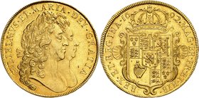 Guillaume III et Marie, 1688-1694. 
5 Guinées 1692 - An 4 du règne, Londres. Bustes accolés de Guillaume III et de Marie Stuart à droite / Armoiries ...