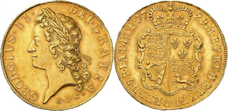 Georges II, 1727-1760.
5 Guinées 1729,Londres. Buste lauré à gauche, initiales ...
