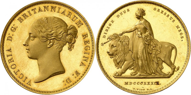 Victoria, 1837-1901. 
5 Souverains 1839 "Una and the Lion",Londres. FRAPPE sur ...