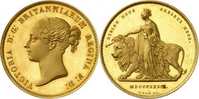 Victoria, 1837-1901. 
5 Souverains 1839 "Una and the Lion",Londres. FRAPPE sur FLAN BRUNI. Buste de Victoria jeune à gauche, les cheveux tenus par un...