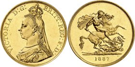 Victoria, 1837-1901. 
5 Souverains 1887,Londres. Buste de type "Jubilee" à gauche / Saint Georges terrassant le dragon, à droite. Date à l'exergue. T...