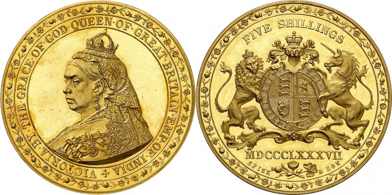 Victoria, 1837-1901. 
5 Shilling 1887,Londres. FRAPPE en OR. ESSAI sur FLAN BRU...