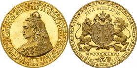 Victoria, 1837-1901. 
5 Shilling 1887,Londres. FRAPPE en OR. ESSAI sur FLAN BRUNI par J. R. Thomas. Buste de Victoria de trois-quart à gauche, portan...