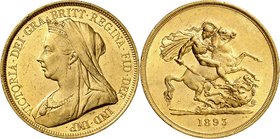 Victoria, 1837-1901. 
5 Souverains 1893,Londres. Buste avec le voile de veuvage à gauche / Saint Georges terrassant le dragon, à droite. Date à l'exe...