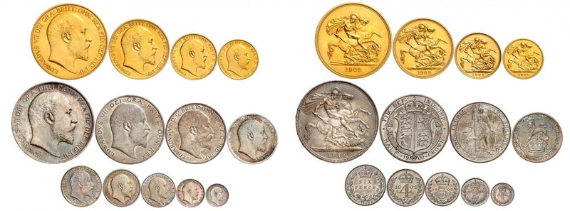 Edouard VII, 1901-1910. 
Série de 13 monnaies en or et en argent : FRAPPE sur F...