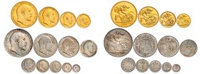 Edouard VII, 1901-1910. 
Série de 13 monnaies en or et en argent : FRAPPE sur FLAN BRUNI MAT. 5, 2, 1 et 1/2 Souverains en or, 1 Crown, 1/2 Crown, 1 ...