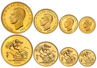 Georges VI, 1936-1952. 
Série de 4 monnaies en or : 5, 2, 1 et 1/2 Souverains 1937, Londres. FRAPPES sur FLANS BRUNIS. Tête nue à gauche / Saint Geor...