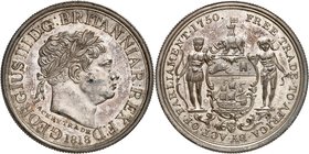 Côte d'or (Ghana) 
Georges III, 1760-1820. 
Ackey 1818. Tête laurée à droite. Date au-dessous / Armoiries ornementées surmontées d'un éléphant. 13,7...