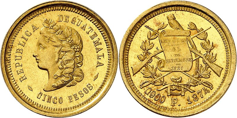 République, depuis 1840.
5 Peso 1874 P, Nouveau Guatémala. Buste de la Liberté ...