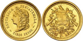 République, depuis 1840.
5 Peso 1874 P, Nouveau Guatémala. Buste de la Liberté à gauche / Déclaration du 15 septembre 1821, sur deux fusils, deux sab...