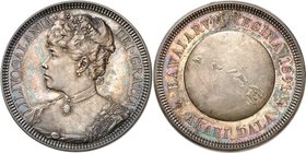 Liliuokalani, 1891-1893. 
Dollar 1891 (1893), Londres. FRAPPE sur FLAN BRUNI. Buste couronné à gauche / Les îles d'Hawaï sur un globe terrestre. 25,1...