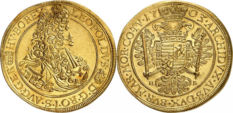 Léopold I, 1658-1705.
5 Ducats 1703/2 NB,Nagybanya.Buste lauré, drapé et cuiras...