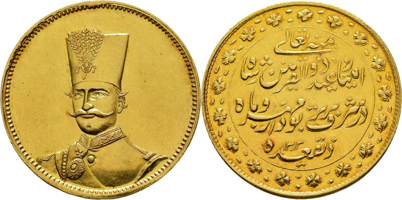 Nasir al-Din Shah, 1848-1896. 
10 Toman 1313 (1895-96). Téhéran. Buste en unifo...