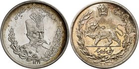 Muzaffar al-Din Shah, 1896-1907. 
5000 Dinars AH 1319 (1901),Bruxelles. ESSAI en ARGENT. Frappe monnaie. Buste en uniforme de trois quarts à droite /...