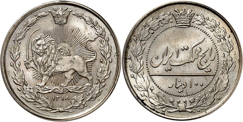 Muzaffar al-Din Shah, 1896-1907. 
100 Dinars AH 1318 (1900),Bruxelles. Lion ten...