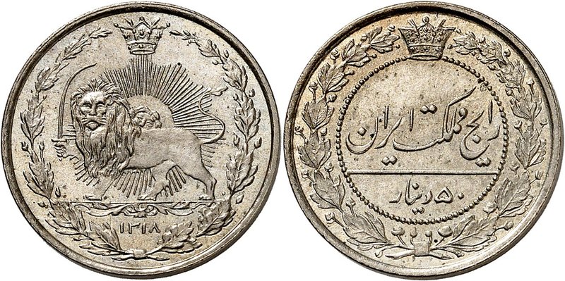 Muzaffar al-Din Shah, 1896-1907. 
50 Dinars AH 1318 (1900),Bruxelles. Lion tena...