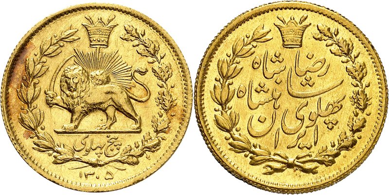 Reza Shah, 1925-1941. 
5 Pahlavi SH 1305 (1926).Lion tenant un sabre à gauche s...