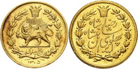 Reza Shah, 1925-1941. 
5 Pahlavi SH 1305 (1926).Lion tenant un sabre à gauche sur fond de soleil rayonnant. Au-dessus, une couronne. Le tout dans une...