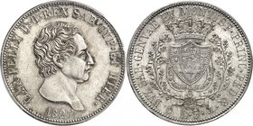 Piémont Sardaigne
Charles-Félix, 1821-1831.
5 Lire 1827 P,Gênes. Buste, tête nue, à droite. Date au-dessous / Ecu couronné et collier de l'ordre de ...