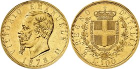 Royaume d'Italie 
Victor-Emmanuel II, 1861-1878. 
100 Lire 1878 R,Rome. Buste à gauche. Date au-dessous / Ecu couronné et collier de l'Annonciade en...