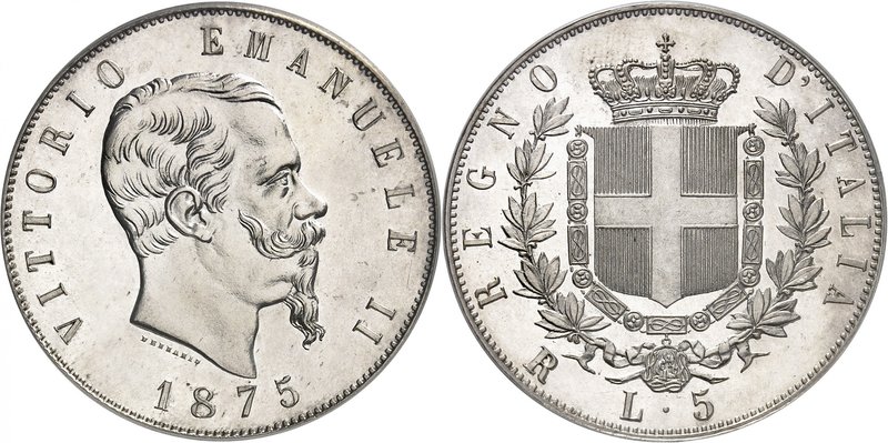 Royaume d'Italie 
Victor-Emmanuel II, 1861-1878. 
5 Lire 1875 R,Rome. Tête nue...