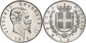 Royaume d'Italie 
Victor-Emmanuel II, 1861-1878. 
5 Lire 1875 R,Rome. Tête nue à droite. Nom du graveur au-dessous. Date à l'exergue / Ecu couronné ...