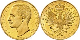 Royaume d'Italie 
Victor-Emmanuel III, 1900-1946. 
100 lire 1903 R,Rome. Tête nue à gauche. Nom du graveur au-dessous / Ecusson sur une aigle aux ai...