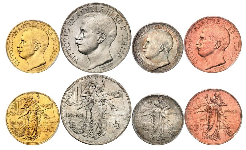 Royaume d'Italie 
Victor-Emmanuel III, 1900-1946. 
Série de 4 monnaies 1911; 5...