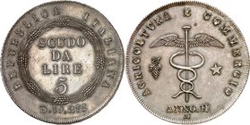 Lombardie 
République italienne, 1802-1805. 
5 Lire An II (1803) M, Milan. ESSAI en ARGENT. Valeur dans une couronne de blé / Caducée ailé entre une...