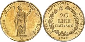 Lombardo-Vénétie 
Gouvernement provisoire de la Lombardie, 1848.
20 Lire 1848 M,Milan. L'Italie debout de face sous une étoile, la tête à droite, po...