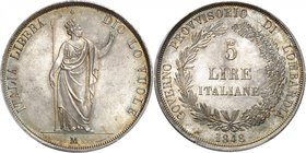 Lombardo-Vénétie 
Gouvernement provisoire de la Lombardie, 1848.
5 Lire 1848 M,Milan. L'Italie debout de face sous une étoile, la tête à droite, por...