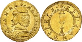 Mantoue
François II Gonzague, 1484-1519. 
Ducat non daté (vers 1484-1495). Buste cuirassé et coiffé d'un béret à gauche / Reliquaire en forme de cib...