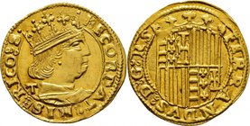 Naples - Royaume
Ferdinand I, 1458-1494. 
Ducat non daté, Naples. Buste couronné à droite. Lettre T derrière la nuque / Ecu couronné. 3,50g. Bernare...
