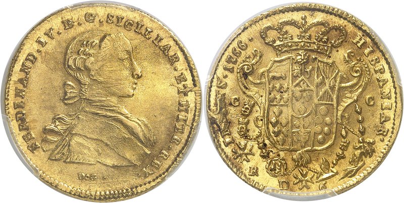 Naples - Royaume
Ferdinand IV, 1759-1825. 
6 Ducats 1766, Naples. Buste drapé ...