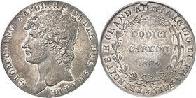 Naples - Royaume
Joachim Murat, 1808-1815. 
Piastre (12 Carlini) 1809,Naples. Tête nue à gauche / Valeur et date dans une couronne d'olivier et de b...