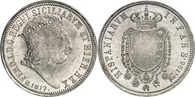 Naples - Royaume
Ferdinand I, 1816-1825.
Piastre (120 Grana) 1817,Naples. Buste couronné à droite. Date au-dessous / Armoiries couronnées.Gigante 6;...