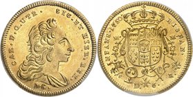 Sicile - Royaume des deux Siciles
Charles de Bourbon, 1734-1759.
6 Ducats 1750,Naples. Buste drapé à droite / Armoiries couronnées, valeur au-dessou...
