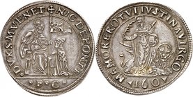 Venise
Nicolo da Ponte, 1578-1585. 
Scudo de 8 Lire (160 sous) non daté, Venise. Le doge agenouillé devant saint Marc. P-C à l'exergue / Sainte Just...