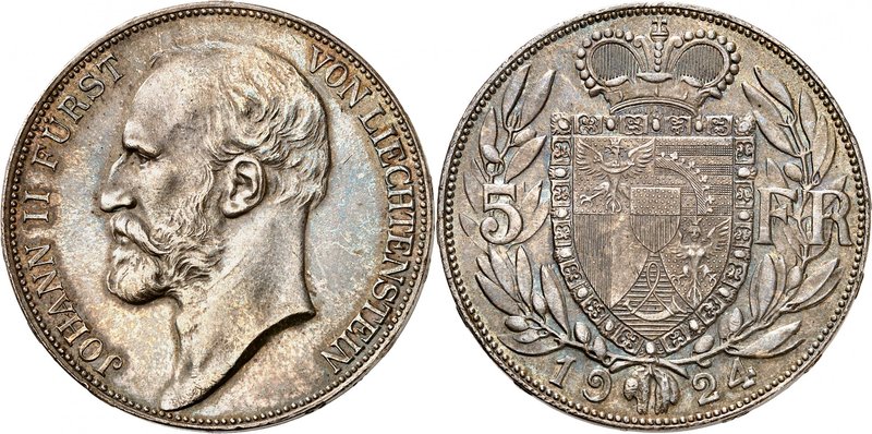 Jean II, 1858-1929. 
5 Francs 1924. Buste nu à gauche / Armoiries couronnées en...