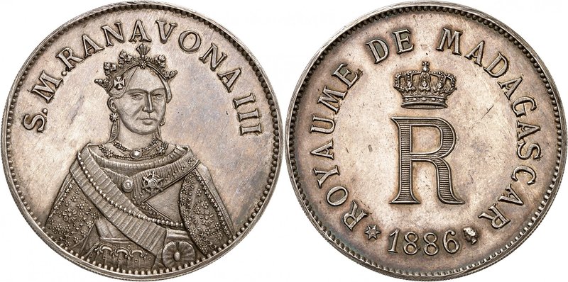 Ranavona (Ranavalona) III, 1883-1897. 
Module de 5 Francs en argent 1886. Buste...