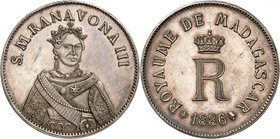 Ranavona (Ranavalona) III, 1883-1897. 
Module de 5 Francs en argent 1886. Buste de trois quarts à droite / R couronné. Date à l'exergue. 25,88g. Dav....