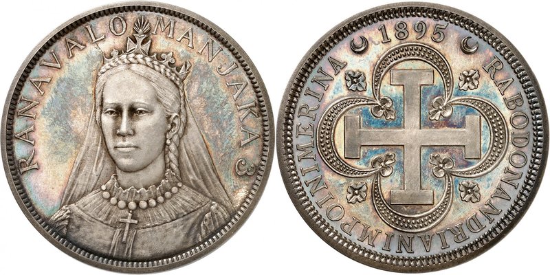 Ranavalona III, 1883-1897. 
Module de 5 Francs en argent 1895. Buste de trois q...