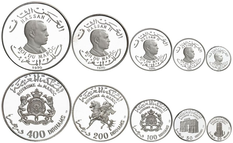 Hassan II, AH 1380-1420 (1961-1999).
Série de 5 pièces; 400, 200, 100, 50 et 20...